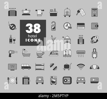 Hotel vector grayscale icon set. Graph symbol for travel and tourism web site and apps design, logo, app, UI Stock Vector