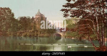 A Lake view in Central Park, New York, USA, c 1901 - Detroit Publishing Co - Photochrom print Stock Photo