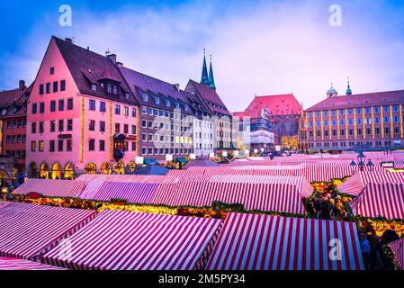 Nuremberg, Germany. Christkindlesmarkt one of the oldest Christmas markets, famous Bavaria touristic background. Stock Photo