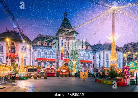 Beautiful Craiova Christmas Market, european 2022 famous winter destination in Eastern Europe, historical Oltenia, Romania. Stock Photo