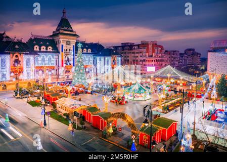 Beautiful Craiova Christmas Market, european 2022 famous winter destination in Eastern Europe, historical Oltenia, Romania. Stock Photo