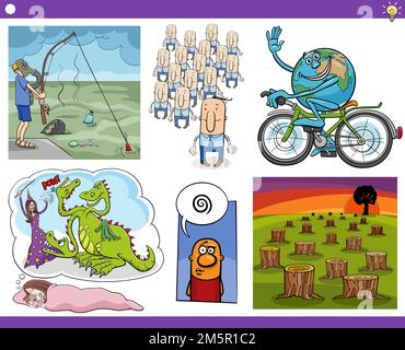 Illustration set of humorous cartoon concepts or metaphors with comic characters Stock Vector