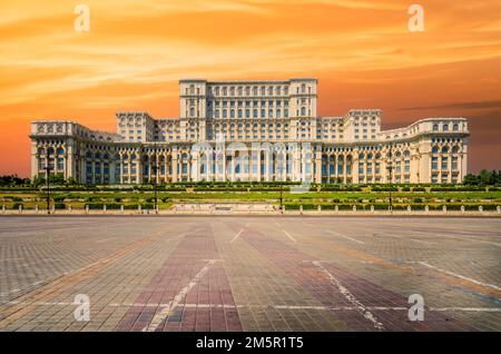 Bucharest, Romania. Parliament building or People's House in romanian capital city. Beautiful summer sunshine skyline. Stock Photo