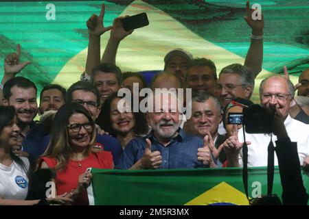 (221230) -- BEIJING, Dec. 30, 2022 (Xinhua) -- Luiz Inacio Lula da Silva (C, front) attends a celebration event in Sao Paulo, Brazil, on Oct. 30, 2022. Former Brazilian President Luiz Inacio Lula da Silva of the Workers' Party won the second round of the presidential elections on Oct. 30 and is set to serve a third four-year term beginning Jan. 1, 2023. Xinhua's top 10 world news events in 2022 Strong left-wing comeback in LatAm reshapes political landscape Defeating his rival, Brazil's leftist former president Luiz Inacio Lula da Silva was elected president on Oct. 30. His election fol Stock Photo