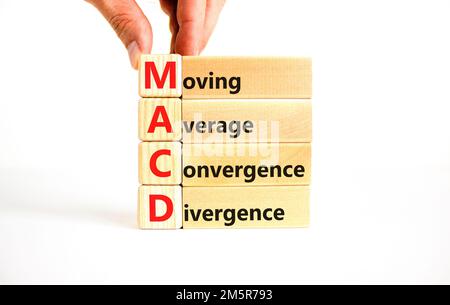 MACD symbol. Concept words MACD moving average convergence divergence on wooden block on beautiful white background. Business MACD moving average conv Stock Photo