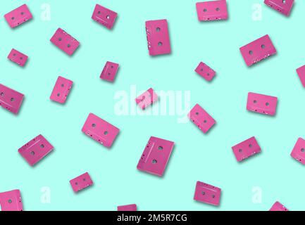 pink music retro cassettes on blue background, creative art design, 3d Stock Photo