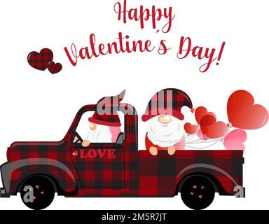 Buffalo plaid retro truck with cute gnomes, red and pink shaped hearts for Valentine´s Day. Special delivery for Valentine. Vector illustration, nice Stock Vector