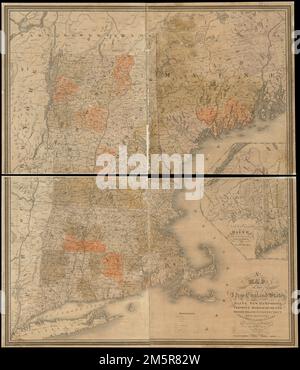 A map of the New England states : Maine, New Hampshire, Vermont, Massachusetts, Rhode Island & Connecticut, with the adjacent parts of New York & lower Canada. Relief shown by hachures. Inset: Northern & eastern part of Maine and part of lower Canada and New Brunswick. 'Corrected edition 1834.'... , New England  ,area Stock Photo