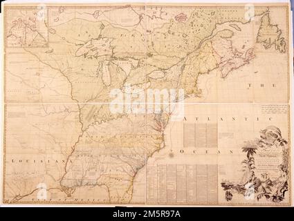 A map of the British and French dominions in North America : with the roads, distances, limits, and extent of the settlements, humbly inscribed to the Right Honourable the Earl of Halifax, and the other Right Honourable the Lords Commissioners for Trade & Plantations. Relief shown pictorially. Dedication: Humbly inscribed to the Right Honourable the Earl of Halifax and the other Right Honourable the Lords Commissioners for Trade & Plantations. First impression of 1st ed.--Kershaw. Cartouche includes sketch of small port, and symbols of economic activity such as fishing nets, beaver, corn. Inse Stock Photo