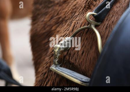 Side close up on the metal foot stirrup on a black leather horse saddle Stock Photo