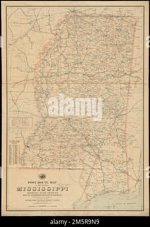 Post route map of the state of Mississippi showing post offices with the intermediate distances on mail routes in operation on the 1st of December, 1903. Also shows railroads and counties. Includes list of counties showing relative position.... , Mississippi Stock Photo