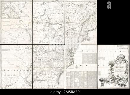 A map of the British and French dominions in North America : with the roads, distances, limits, and extent of the settlements, humbly inscribed to the Right Honourable the Earl of Halifax, and the other Right Honourable the Lords Commissioners for Trade & Plantations. Relief shown pictorially. Includes text and inset 'A new map of Hudson's Bay and Labrador from the late surveys of those coasts.' Cataloging, conservation, and digitization made possible in part by The National Endowment for the Humanities: Exploring the human endeavor.... , North America  ,area Stock Photo