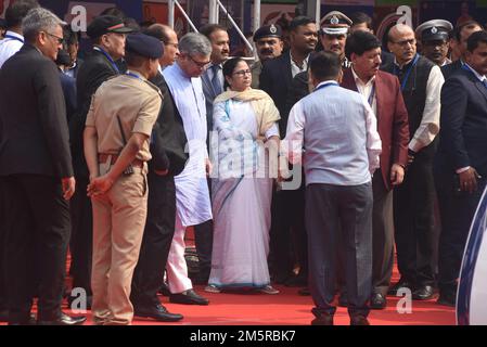 A controversy erupted at the inauguration ceremony of West Bengal's first Vande Bharat Express on Friday morning as irked by 'Jai Shri Ram' slogans on her arrival Chief Minister Mamata Banerjee refused to share the dais. Instead, throughout the programmed she sat on a chair adjacent to the dais. From here she expressed her condolences over the demise of Heeraben Modi, the mother of Prime Minister Narendra Modi. As soon as the chief minister arrived at the inauguration venue at the Howrah Station on Friday morning, the BJP supporters present there raised 'Jai Shri Ram' slogans. Union Railways M Stock Photo