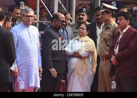 A controversy erupted at the inauguration ceremony of West Bengal's first Vande Bharat Express on Friday morning as irked by 'Jai Shri Ram' slogans on her arrival Chief Minister Mamata Banerjee refused to share the dais. Instead, throughout the programmed she sat on a chair adjacent to the dais. From here she expressed her condolences over the demise of Heeraben Modi, the mother of Prime Minister Narendra Modi. As soon as the chief minister arrived at the inauguration venue at the Howrah Station on Friday morning, the BJP supporters present there raised 'Jai Shri Ram' slogans. Union Railways M Stock Photo