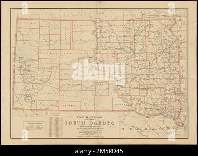 Post route map of the state of South Dakota showing post offices with the intermediate distances on mail routes in operation on the 1st of December, 1897. Also shows railroads and counties. Includes list of counties showing relative position.... , South Dakota Stock Photo