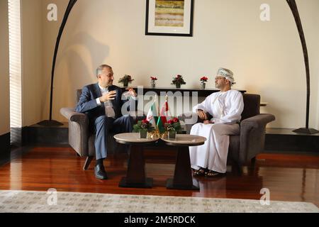 Muscat, Muscat, Oman. 28th Dec, 2022. This handout picture provided by the Iranian foreign ministry shows Iran's Foreign Minister HOSSEIN AMIR-ABDOLLAHIAN (L) meeting with Oman's foreign minister SAYYID BADR AL-BUSAIDI (R) in Muscat on December 28, 2022. Iran's foreign minister on December 28 met with Oman's Sultan Haitham bin Tareq in Muscat and handed him a letter from the president of the Islamic Republic, the official Oman News Agency said. The meeting coincided with stalled international talks to revive a deal on Tehran's nuclear program, leaving the Islamic republic under sanctions. ( Stock Photo