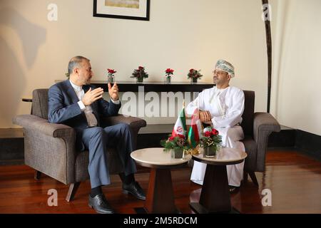 Muscat, Muscat, Oman. 28th Dec, 2022. This handout picture provided by the Iranian foreign ministry shows Iran's Foreign Minister HOSSEIN AMIR-ABDOLLAHIAN (L) meeting with Oman's foreign minister SAYYID BADR AL-BUSAIDI (R) in Muscat on December 28, 2022. Iran's foreign minister on December 28 met with Oman's Sultan Haitham bin Tareq in Muscat and handed him a letter from the president of the Islamic Republic, the official Oman News Agency said. The meeting coincided with stalled international talks to revive a deal on Tehran's nuclear program, leaving the Islamic republic under sanctions. ( Stock Photo