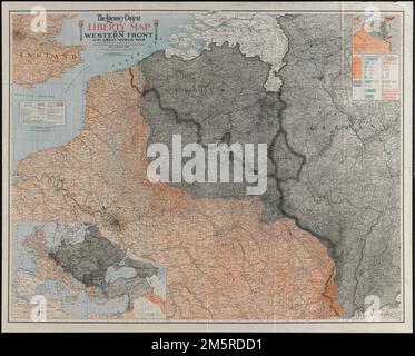 The Literary Digest liberty map of the Western Front of the Great World War showing the battle line of liberty as it stood September 5th, 1918 : also showing the lines of farthest advance of the German and the Allied offensives with complete index. Relief shown by shading. Insets: Map of the complete war area showing Russian, Italian, Balkan, Palestine and Mesopotamian campaigns; also the zones of submarine blockade -- The coal and iron fields in the western war territory -- Production of pig iron in metric tons [and] coal in short tons. 'At 'the frontier of freedom'' pasted on folder. 'Map cl Stock Photo