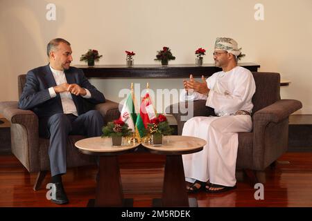 Muscat, Muscat, Oman. 28th Dec, 2022. This handout picture provided by the Iranian foreign ministry shows Iran's Foreign Minister HOSSEIN AMIR-ABDOLLAHIAN (L) meeting with Oman's foreign minister SAYYID BADR AL-BUSAIDI (R) in Muscat on December 28, 2022. Iran's foreign minister on December 28 met with Oman's Sultan Haitham bin Tareq in Muscat and handed him a letter from the president of the Islamic Republic, the official Oman News Agency said. The meeting coincided with stalled international talks to revive a deal on Tehran's nuclear program, leaving the Islamic republic under sanctions. ( Stock Photo