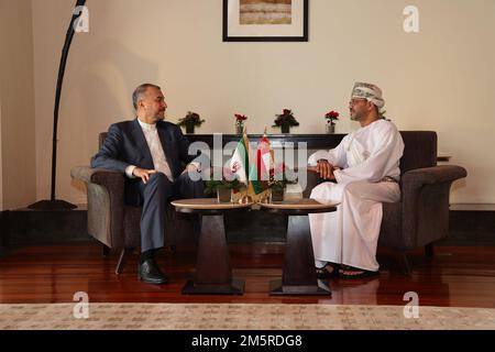 Muscat, Muscat, Oman. 28th Dec, 2022. This handout picture provided by the Iranian foreign ministry shows Iran's Foreign Minister HOSSEIN AMIR-ABDOLLAHIAN (L) meeting with Oman's foreign minister SAYYID BADR AL-BUSAIDI (R) in Muscat on December 28, 2022. Iran's foreign minister on December 28 met with Oman's Sultan Haitham bin Tareq in Muscat and handed him a letter from the president of the Islamic Republic, the official Oman News Agency said. The meeting coincided with stalled international talks to revive a deal on Tehran's nuclear program, leaving the Islamic republic under sanctions. ( Stock Photo