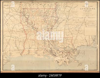 Post route map of the State of Louisiana with adjacent parts of Mississippi, Arkansas, and Texas showing post offices with the intermediate distances and mail routes in operation on the 1st. of October 1891. Also shows railroads and counties. Prime meridian: Washington. 'The service on this diagram brought up to date Oct. 1st. 1891.'... , Louisiana Stock Photo