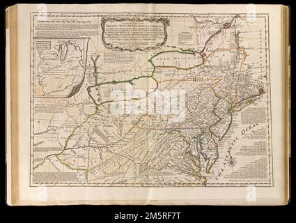 A general map of the middle British colonies in America : viz. Virginia, Maryland, Delaware, Pensilvania, New-Jersey, New-York, Connecticut, and Rhode-Island: of Aquanishuonîgy the country of the Confederate Indians comprehending Aquanishuonigy proper, their places of residence, Ohio and Thuchsochruntie their deer hunting countries, Couchsachrage and Skaniadarade their beaver hunting countries, of the Lakes Erie, Ontario, and Champlain, exhibiting the antient and present seats of the Indian nations. Prime meridian: Philadelphia and London. Relief shown pictorially. Includes historical notes, Stock Photo