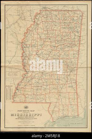 Post route map of the state of Mississippi showing post offices with the intermediate distances on mail routes in operation on the 1st. of December, 1897. Also shows railroads and counties. Includes list of counties showing relative position.... , Mississippi Stock Photo