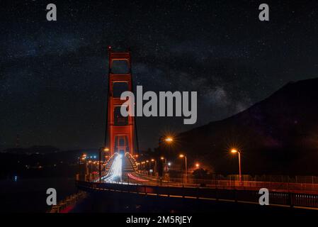 Illuminated light trails on Golden Gate Bridge at San Francisco at night Stock Photo