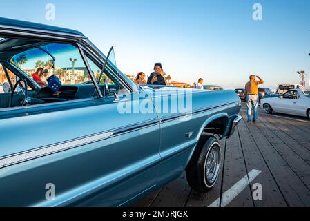 Vintage blue car model displayed during classic car show at Santa Monica pier Stock Photo