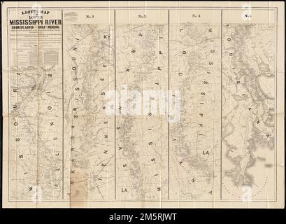 Lloyd's map of the Lower Mississippi River from St. Louis to the Gulf of Mexico : compiled from government surveys in the Topographical Bureau. Map in 5 sections, 'exhibiting the sugar and cotton plantations, cities, towns, landings, sand bars, islands, bluffs, bayous, cut-offs, the steamboat channel, mileage, fortifications, railroads, &c. along the river.' Map of the United States on verso.... , Mississippi River Stock Photo