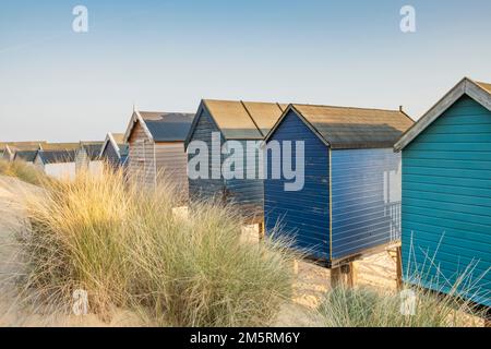 Rear view of Beach huts at Wells-Next-the-Sea Stock Photo