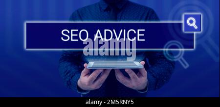 Conceptual display Seo Advice. Word Written on guidance or recommendations in enhancing the search engine Stock Photo
