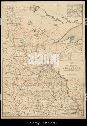 Post route map of the State of Minnesota with adjacent parts of Iowa, Nebraska, Dakota, Wisconsin and of the British possessions, showing post offices with the intermediate distances and mail routes in operation on the 1st of October 1891. Also shows counties and railroads. Prime meridian: Washington. Includes unfilled distance table. Inset: Environs of Saint Paul and Minneapolis. 'The service on this diagram brought up to date of October 1st. 1891.'... , Minnesota Stock Photo