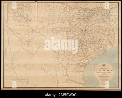 Post route map of the state of Texas with adjacent parts of Louisiana, Arkansas, Indian Territory and of the Republic of Mexico showing post offices with the intermediate distances and mail routes in operation on the 1st of October 1891. Also shows railroads and counties. Prime meridians: Washington, D.C. and Greenwich. Inset: North-western portion of Texas. 'The service on this diagram brought up to date of Oct. 1st. 1891.'... , Texas Stock Photo