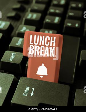 Hand writing sign Lunch Break. Business showcase time when a person stops working or studying to have lunch Stock Photo