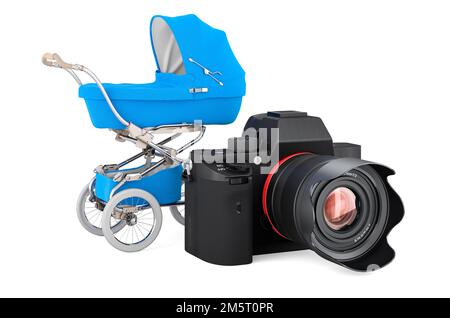 Professional video camera with baby carriage. 3D rendering isolated on ...