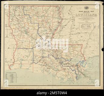 Post route map of the State of Louisiana showing post offices with the intermediate distances and mail routes in operation on the 1st. of December, 1895. Also shows railroads, counties, and [congressional districts?]. Includes list of counties showing relative position.' 'The service on this diagram brought up to date Dec. 1st. 1895.'... , Louisiana Stock Photo