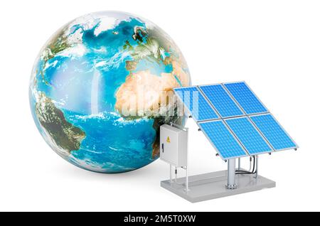 Solar panels with Earth Globe. Renewable energy concept, 3d rendering isolated on white background Stock Photo