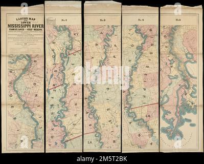 Lloyd's map of the lower Mississippi River from St. Louis to the Gulf of Mexico. Map printed in five segments. Hand colored. Shows distances from New Orleans to St. Louis in five mile increments.. Southern settlement patterns were primarily rural and agricultural. Although some railroads existed by the 1850s, mileage and connectivity were limited. There was heavy reliance on river transportation as suggested by this multi-sheet map of the Mississippi River. Cutting through the heart of the country, the Mississippi created alluvial soils ideal for commercial agriculture. Near New Orleans sugar Stock Photo