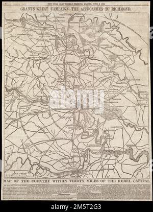 Map of the country within thirty miles of the rebel capital / G. Woolworth Colton, N.Y. Appears in the New York Tribune, Friday, June 3, 1864. Relief shown by hachures. Shows radial distances from Richmond. Newspaper text on verso. Date on verso reads 'Friday, May 3, 1864.'.. Grant's great campaign--the approach to Richmond. Grant's great campaign--the approach to Richmond, Virginia  , Richmond Stock Photo