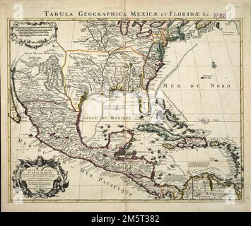 Carte du Mexique et de la Florida : des terres angloises et des Isles Antilles, du cours et des environs de la Riviere de Mississippi. Relief shown pictorially. Prime meridian: Ferro. Featured in the Faces & Places Exhibit, Kravis Center, Palm Beach, FL, since 2005. MB (BRL). Guillaume de L'Isle, the most influential French mapmaker in the early 18th century, prepared a landmark map of North America in 1703, the first printed map to accurately plot the mouth and lower courses of the Mississippi River. The map displayed here is a 1722 reprinting of the original map by the Dutch firm of Covens a Stock Photo