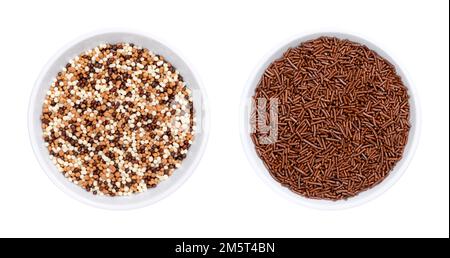 Chocolate nonpareils and sprinkles, in white bowls. Tiny chocolate balls and rod-shaped choco sprinkles, used as sweet decoration and topping. Stock Photo
