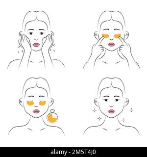 Eye patches applying icon vector. Face skincare under eye, treatment, spa procedure relaxation. Girl shows how to cleaning, use cosmetic eyes patches. Stock Vector