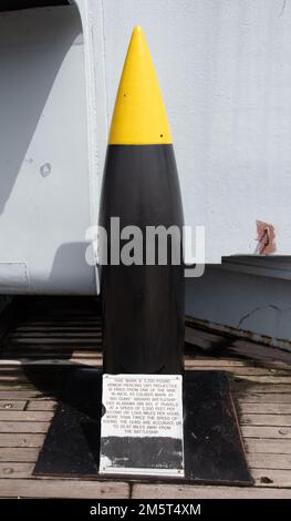 16 inch, 45 caliber shell for the 'Big Gunss' on the USS Alabama museum battleship at the Battleship Memorial Park in Mobile, Alabama Stock Photo