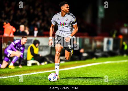 Ludwig Francillette (15 Crawley Town) controls the ball during the Sky Bet League 2 match between Stevenage and Crawley Town at the Lamex Stadium, Stevenage on Friday 30th December 2022. (Credit: Kevin Hodgson | MI News) Credit: MI News & Sport /Alamy Live News Stock Photo