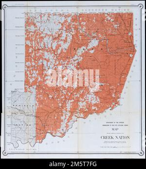 Map showing progress of allotment in Creek Nation. Relief shown by hachures. Detached from a United States House of Representatives document in the United States congressional serial set (Serial Set 4459 H.doc.5/4), following page 164: Annual reports of the Department of the Interior for the fiscal year ended June 30, 1902. Indian affairs, part II. Washington : Government Printing Office, 1903. In top margin: 'Ninth annual report, Commission to the five civilized tribes. Exhibit 2.'. Base map of Muscogee (Creek) Nation and Seminole Nation in what would later be east-central Oklahoma, colored t Stock Photo