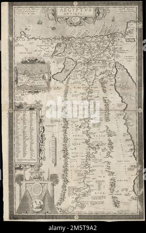 Aegyptus Antiqua. Map of Egypt, with the course of the Nile River. Relief shown pictorially. Includes ill. and decorative cartouche and border. Inset: Alexandria and vicinity. From the author's Theatrum Orbis Terrarum, Additamentum III. Antverpiae, 1584. Cataloging, conservation, and digitization made possible in part by The National Endowment for the Humanities: Exploring the human endeavor. Part of composite portfolio atlas with title 'Collection of old maps.'. The tragedy of Antony and Cleopatra takes place in the ancient empires of Rome and Egypt, the latter of which is depicted on this 15 Stock Photo