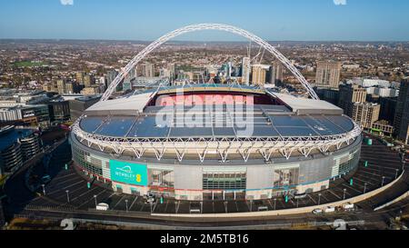 Aerial view over Wembley stadium in London on a sunny day - LONDON, UK - DECEMBER 20, 2022 Stock Photo