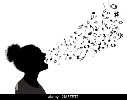 A young woman is seen singing with notes and other musical symbols spewing from her mouth. Stock Photo