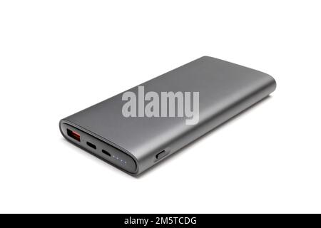 Fully charged portable powerbank with two usb outputs isolated on a white background. Powerbank for charging mobile devices. Stock Photo